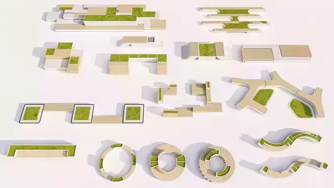 Modern Park Outdoor benches and Furniture set  Low-poly 3D model 7
