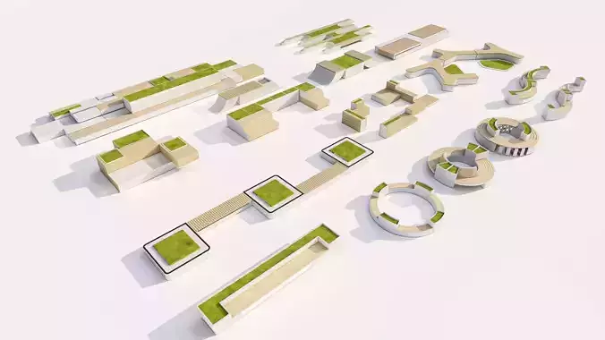 Modern Park Outdoor benches and Furniture set  Low-poly 3D model 5