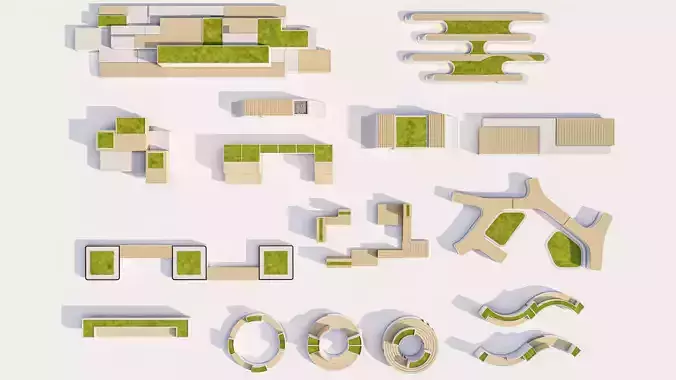 Modern Park Outdoor benches and Furniture set  Low-poly 3D model 6