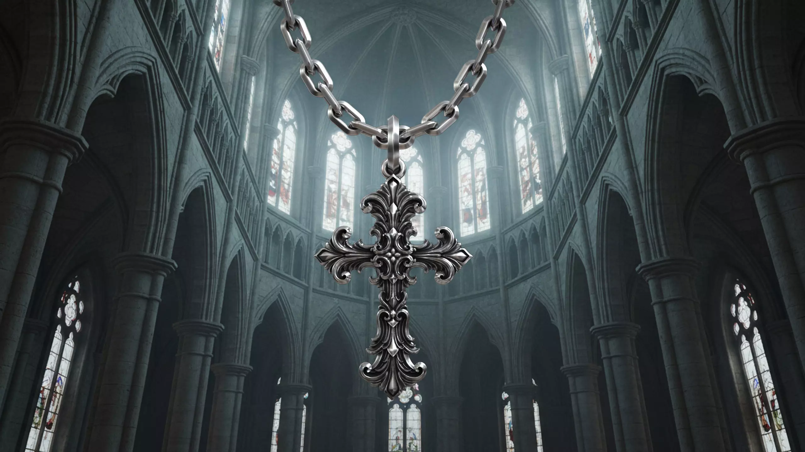 Gothic Ornamental Cross Medieval Royal Lily Pendant 3D print model_5