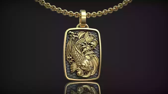 Japanese Koi Carp Fish Pendant Rectangular Medal with Waves