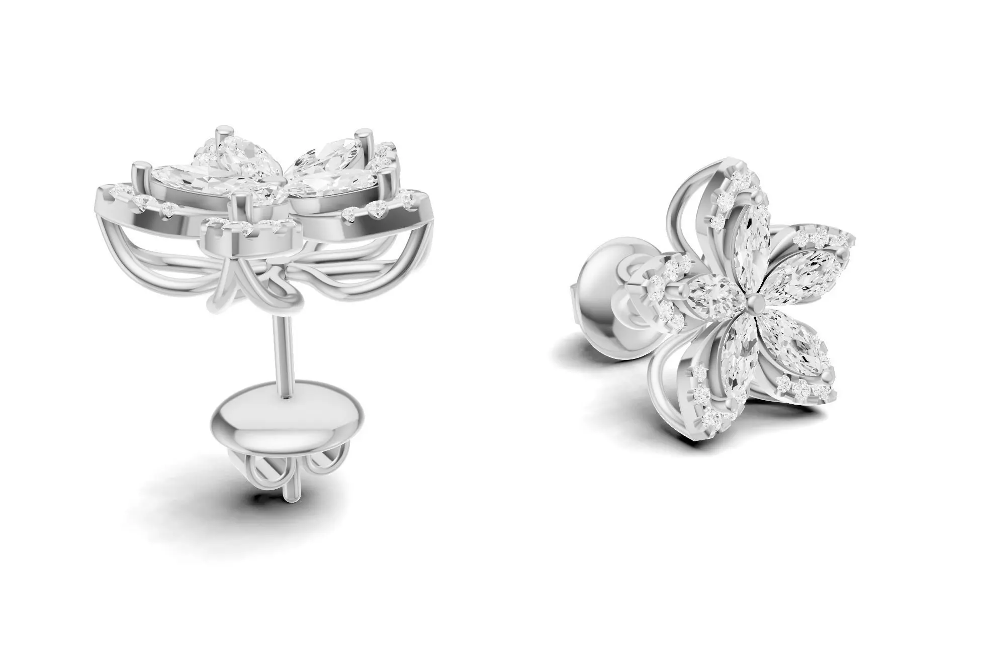 Flower Diamond Stud Earrings With Marquise Cut Floral Style 3D print model_10
