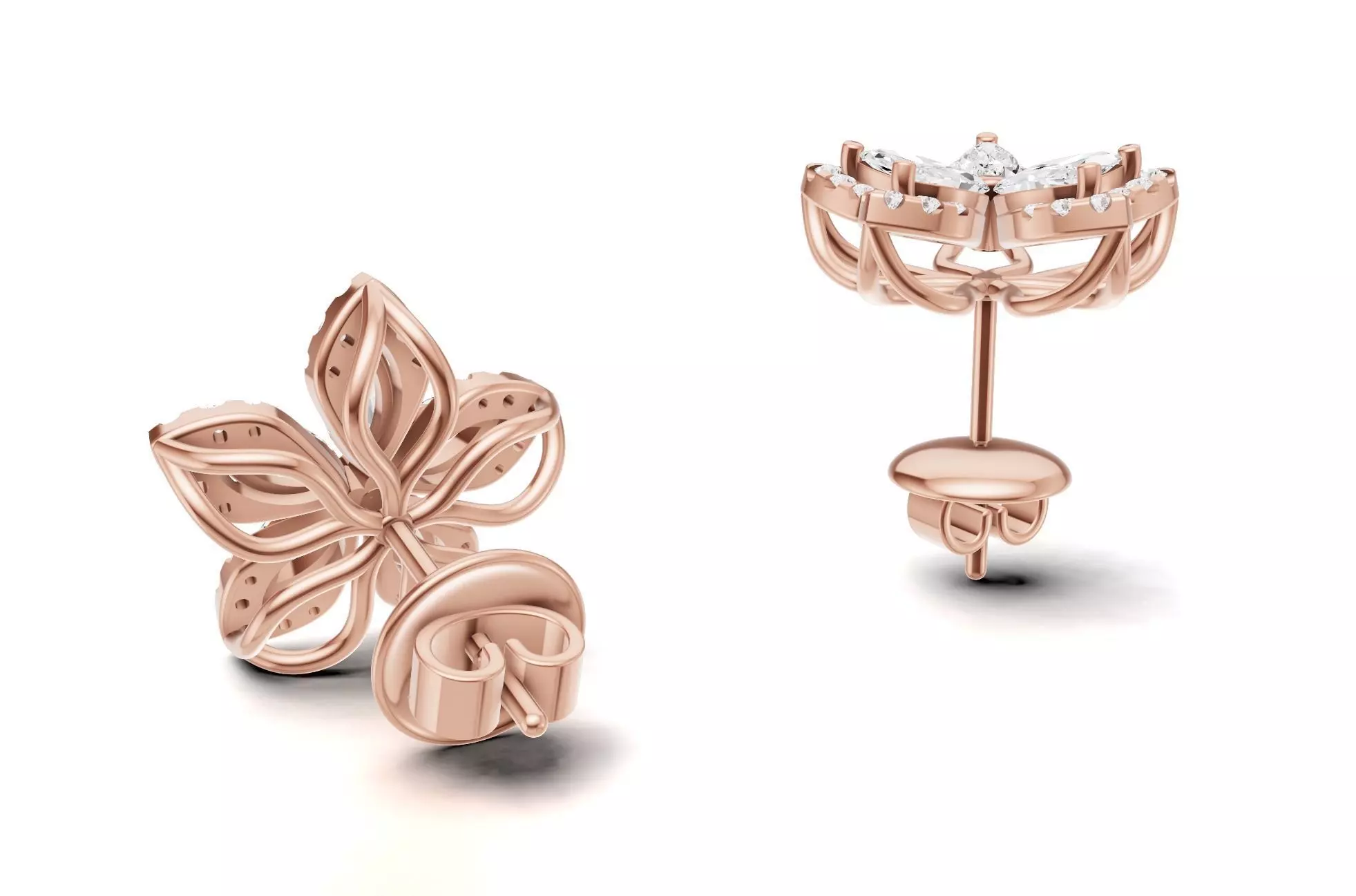 Flower Diamond Stud Earrings With Marquise Cut Floral Style 3D print model_15