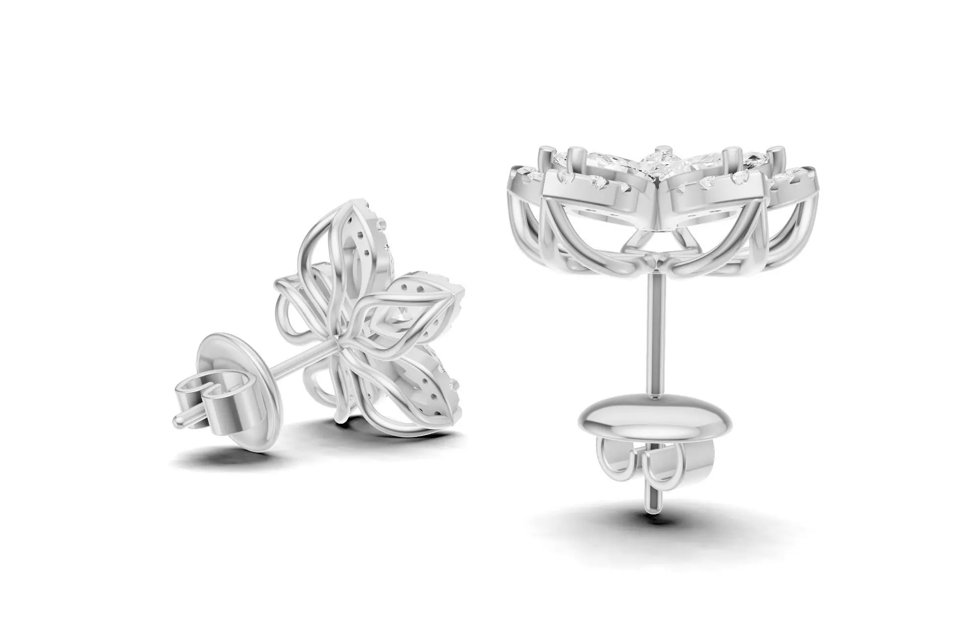 Flower Diamond Stud Earrings With Marquise Cut Floral Style 3D print model_11