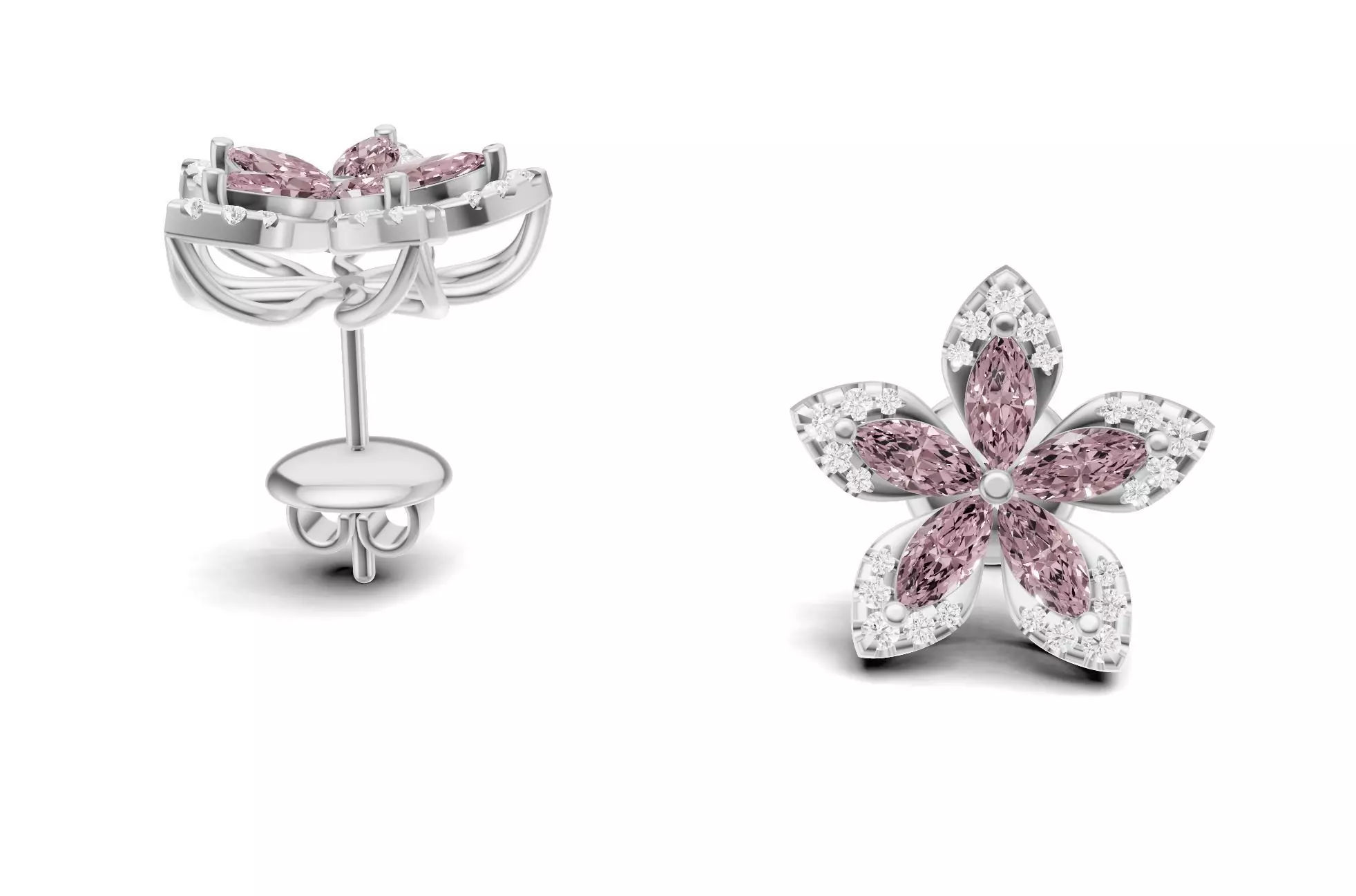 Flower Diamond Stud Earrings With Marquise Cut Floral Style 3D print model_6
