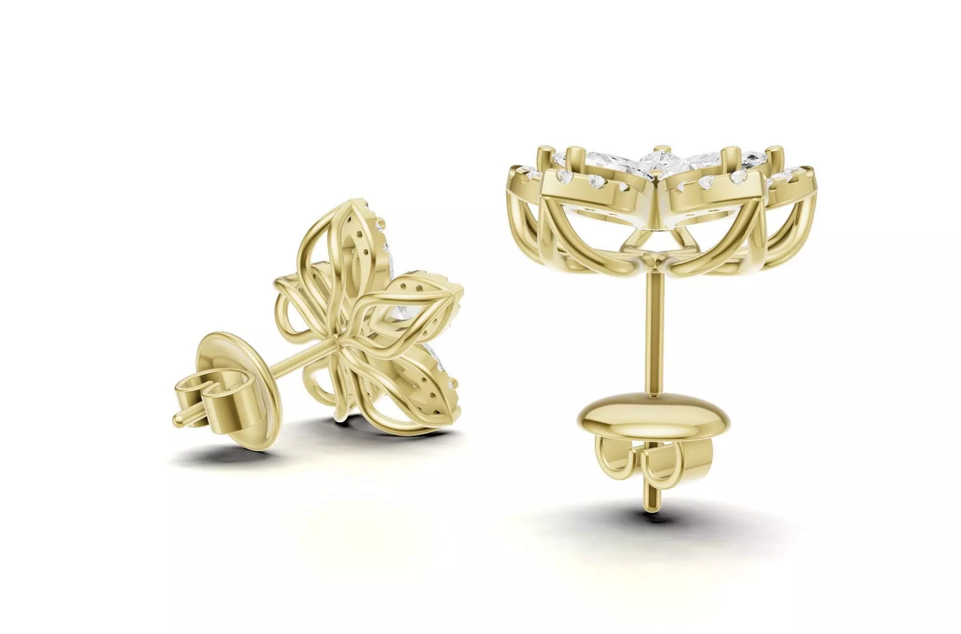 Flower Diamond Stud Earrings With Marquise Cut Floral Style 3D print model_13