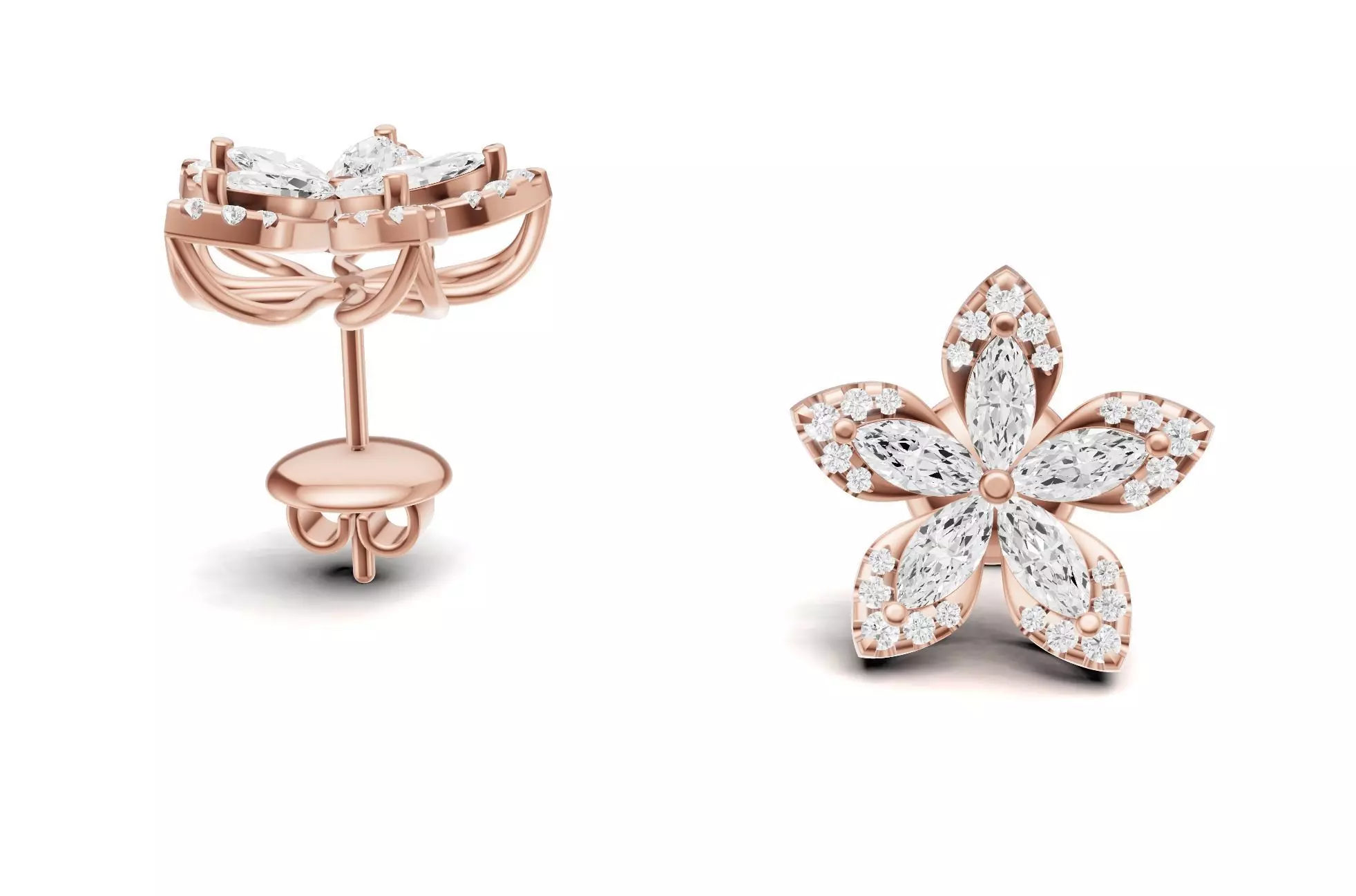 Flower Diamond Stud Earrings With Marquise Cut Floral Style 3D print model_1