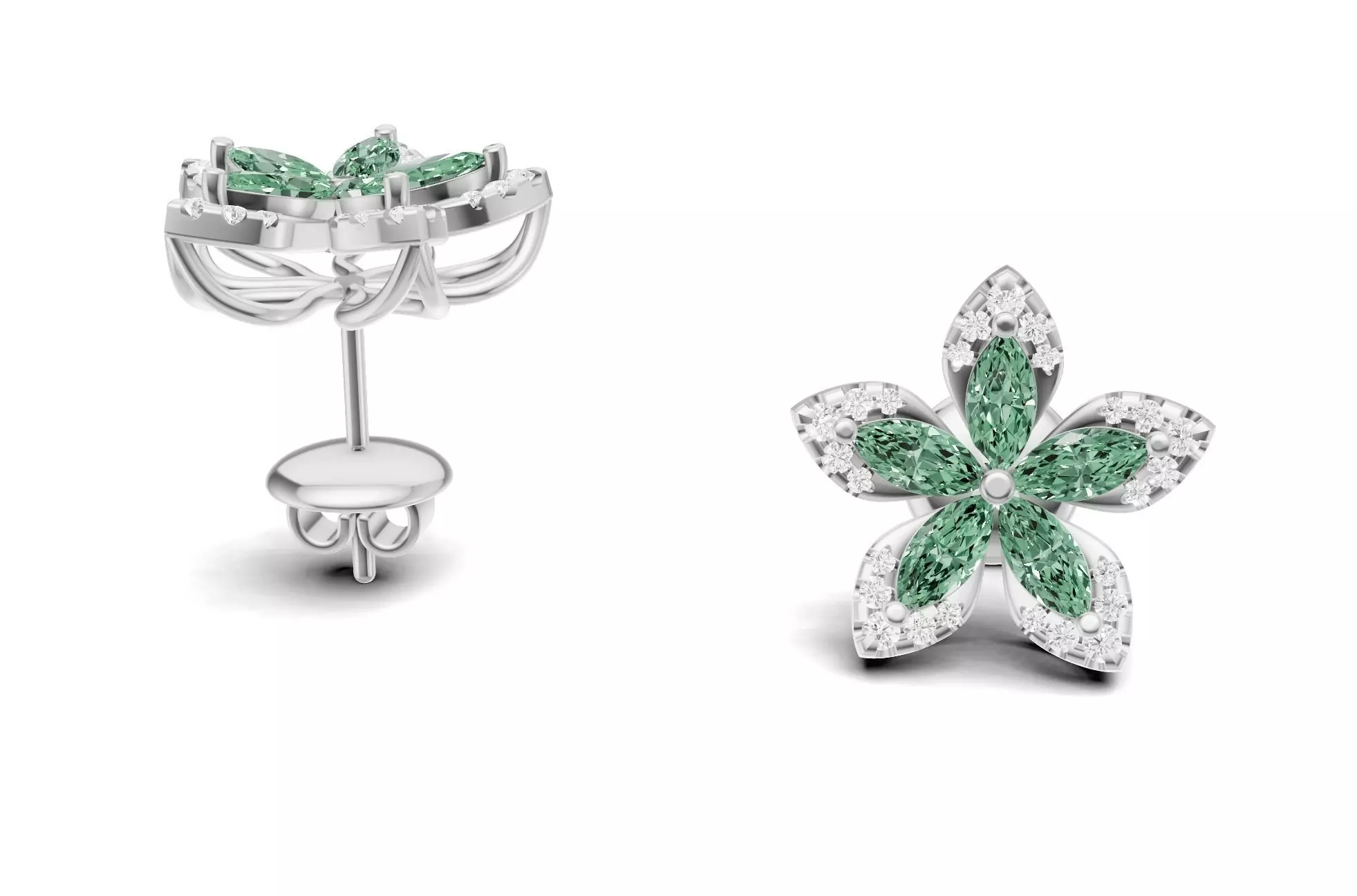 Flower Diamond Stud Earrings With Marquise Cut Floral Style 3D print model_5
