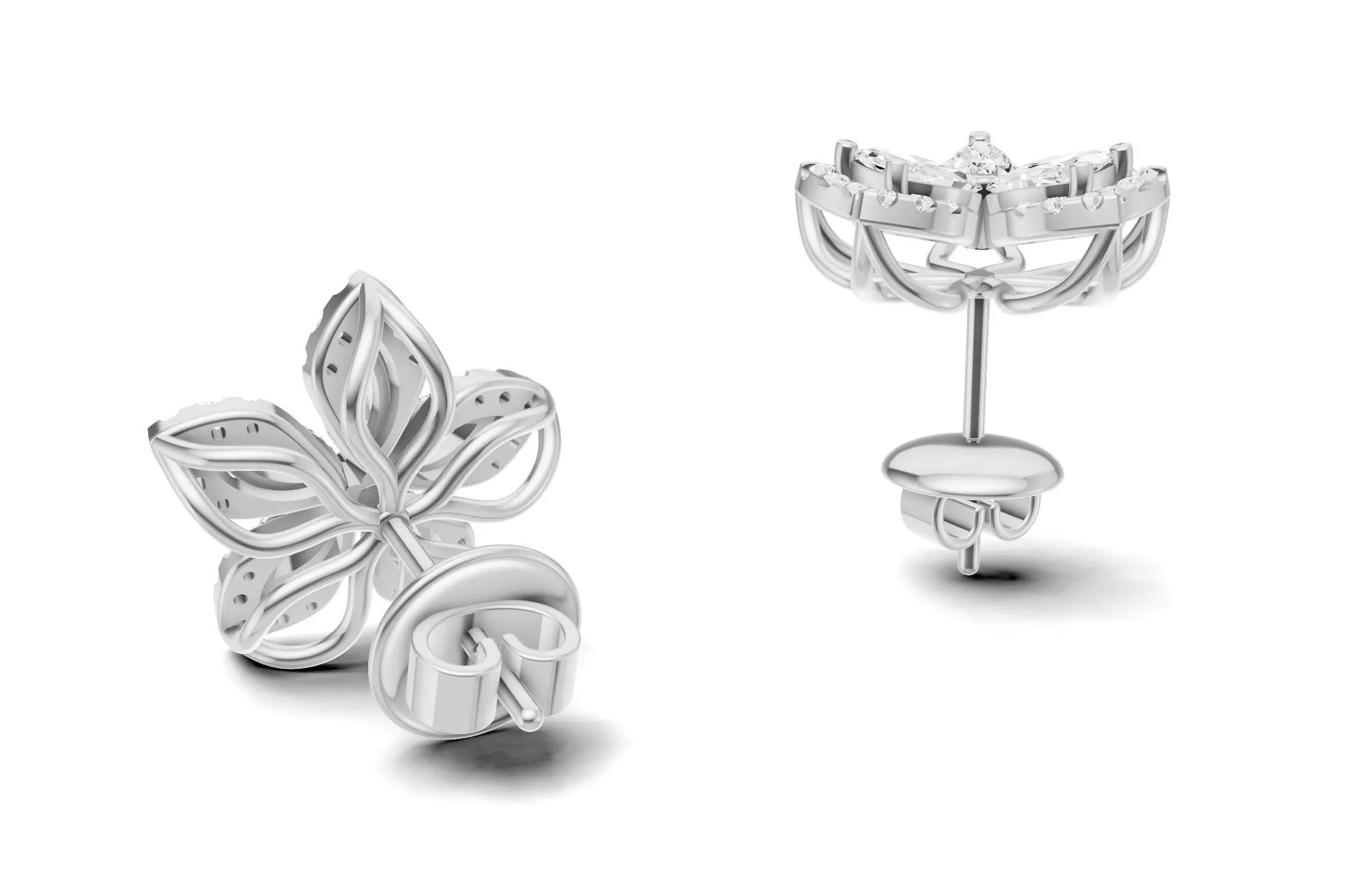 Flower Diamond Stud Earrings With Marquise Cut Floral Style 3D print model_16