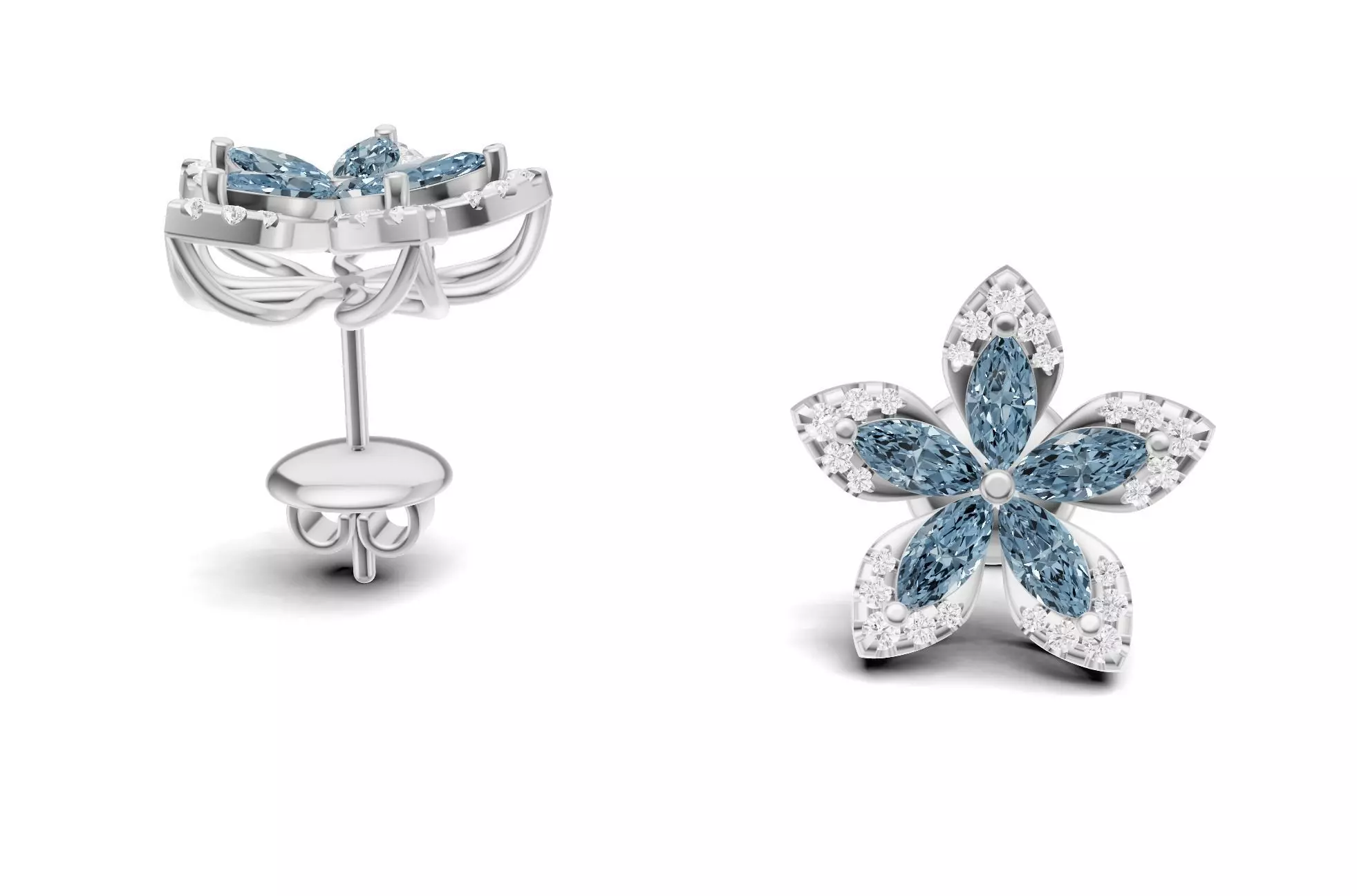 Flower Diamond Stud Earrings With Marquise Cut Floral Style 3D print model_4