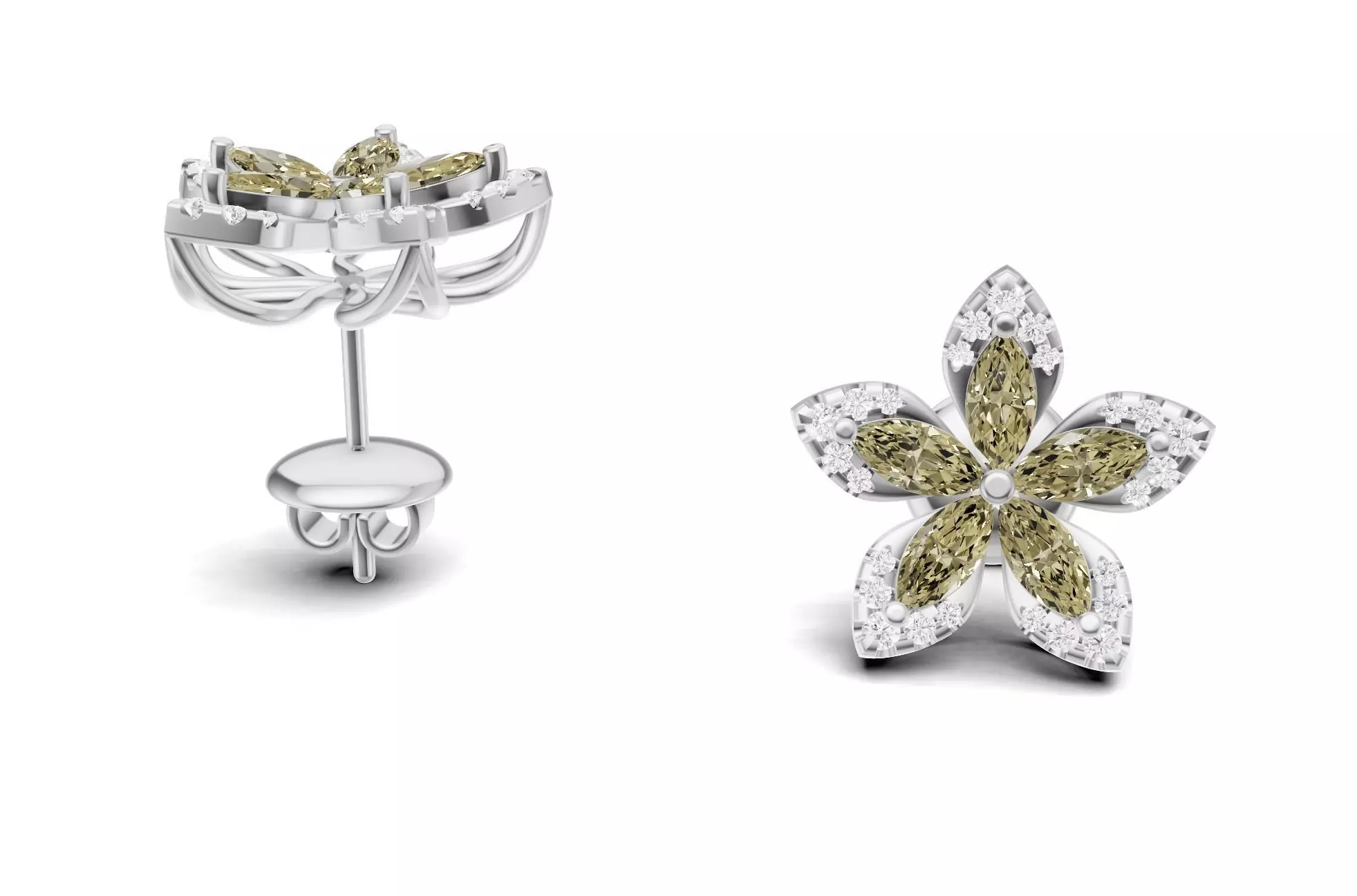 Flower Diamond Stud Earrings With Marquise Cut Floral Style 3D print model_7