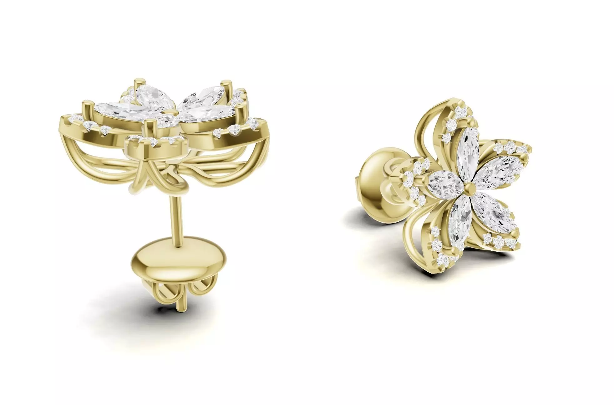 Flower Diamond Stud Earrings With Marquise Cut Floral Style 3D print model_8