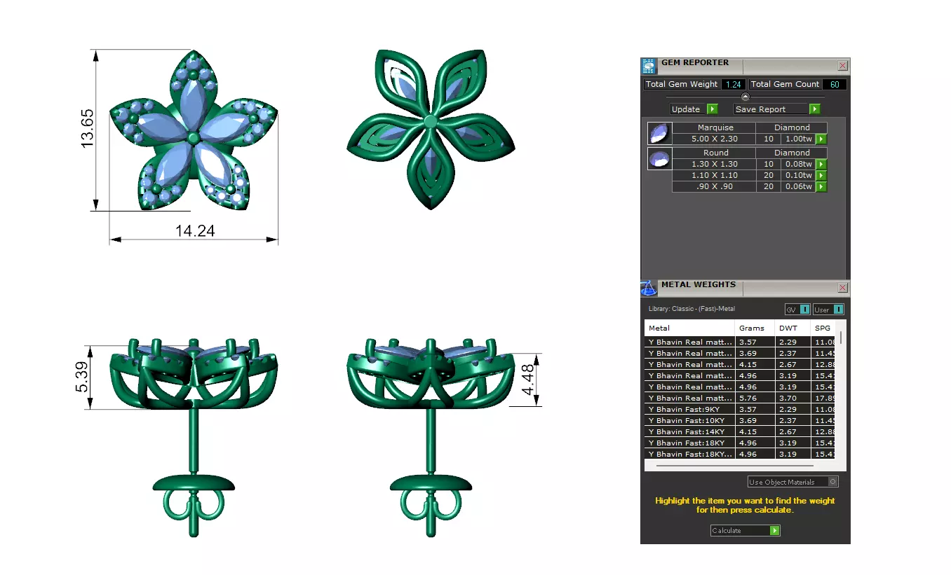 Flower Diamond Stud Earrings With Marquise Cut Floral Style 3D print model_3