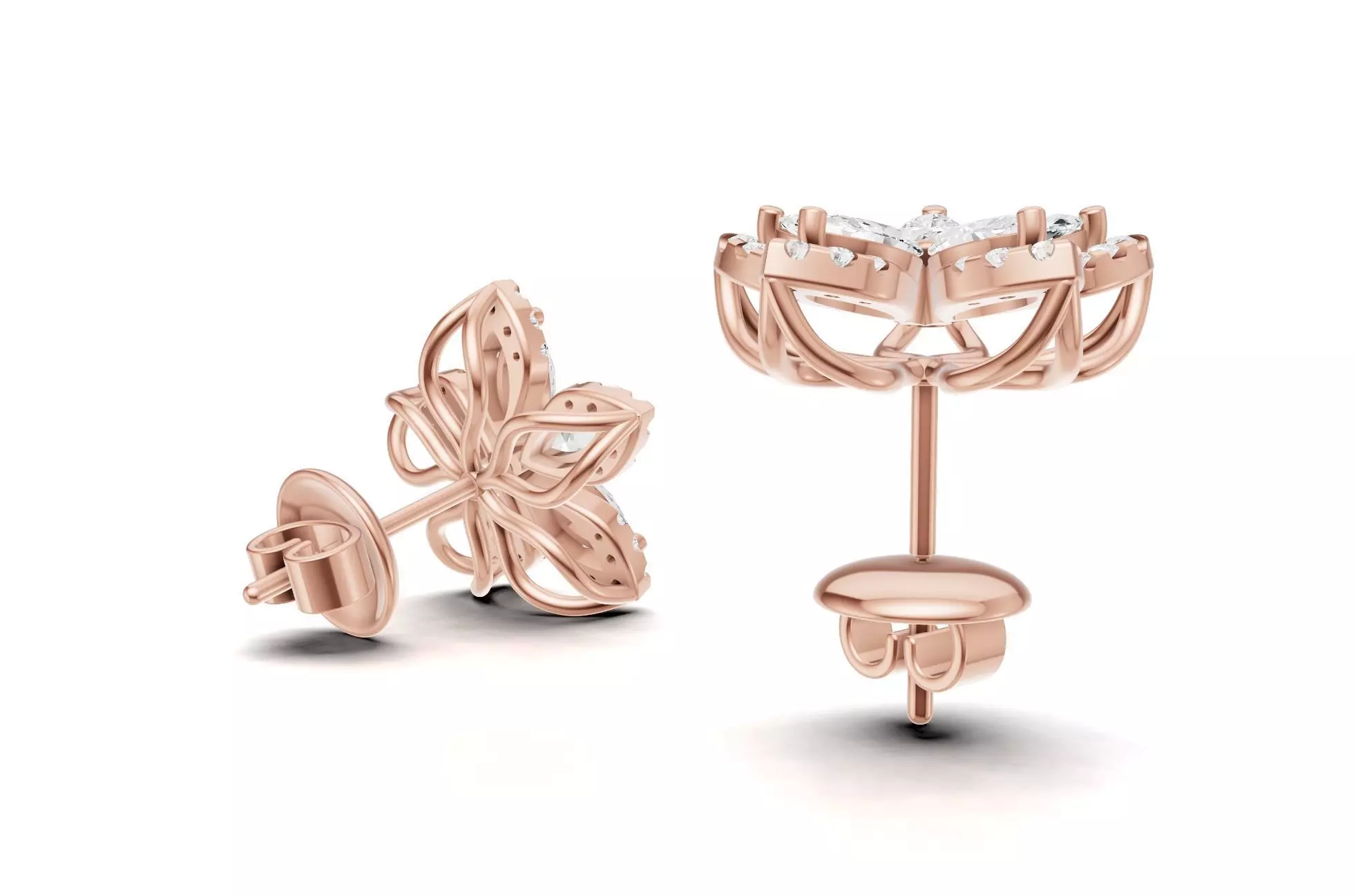 Flower Diamond Stud Earrings With Marquise Cut Floral Style 3D print model_12