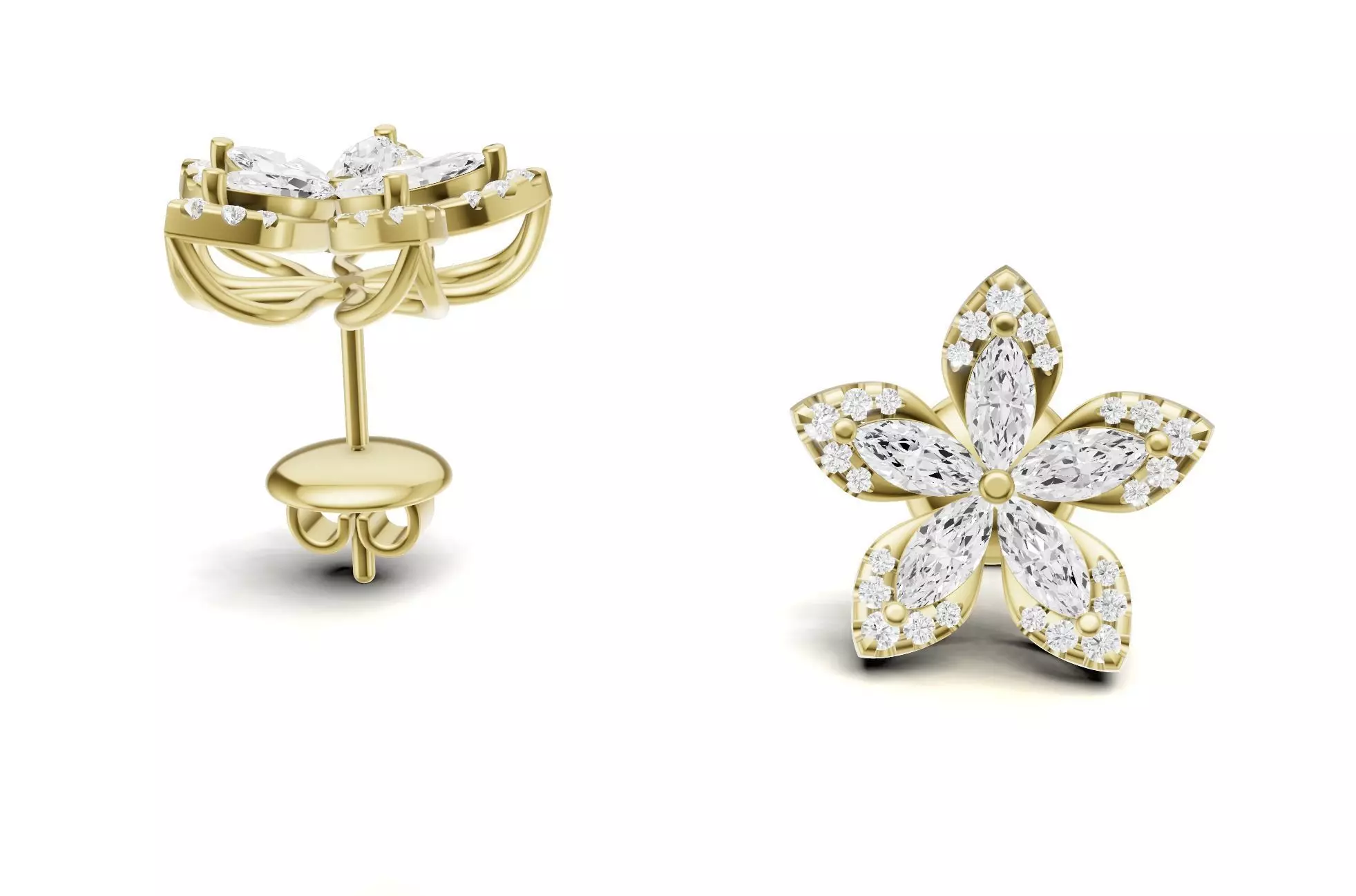 Flower Diamond Stud Earrings With Marquise Cut Floral Style 3D print model_2