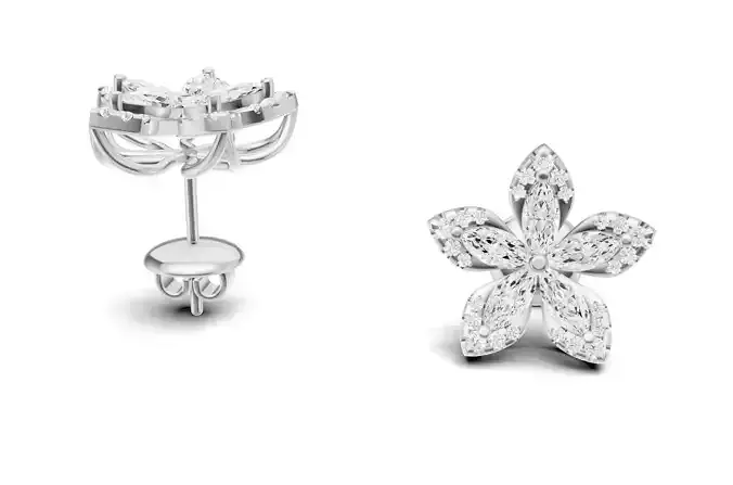 Flower Diamond Stud Earrings With Marquise Cut Floral Style 3D print model