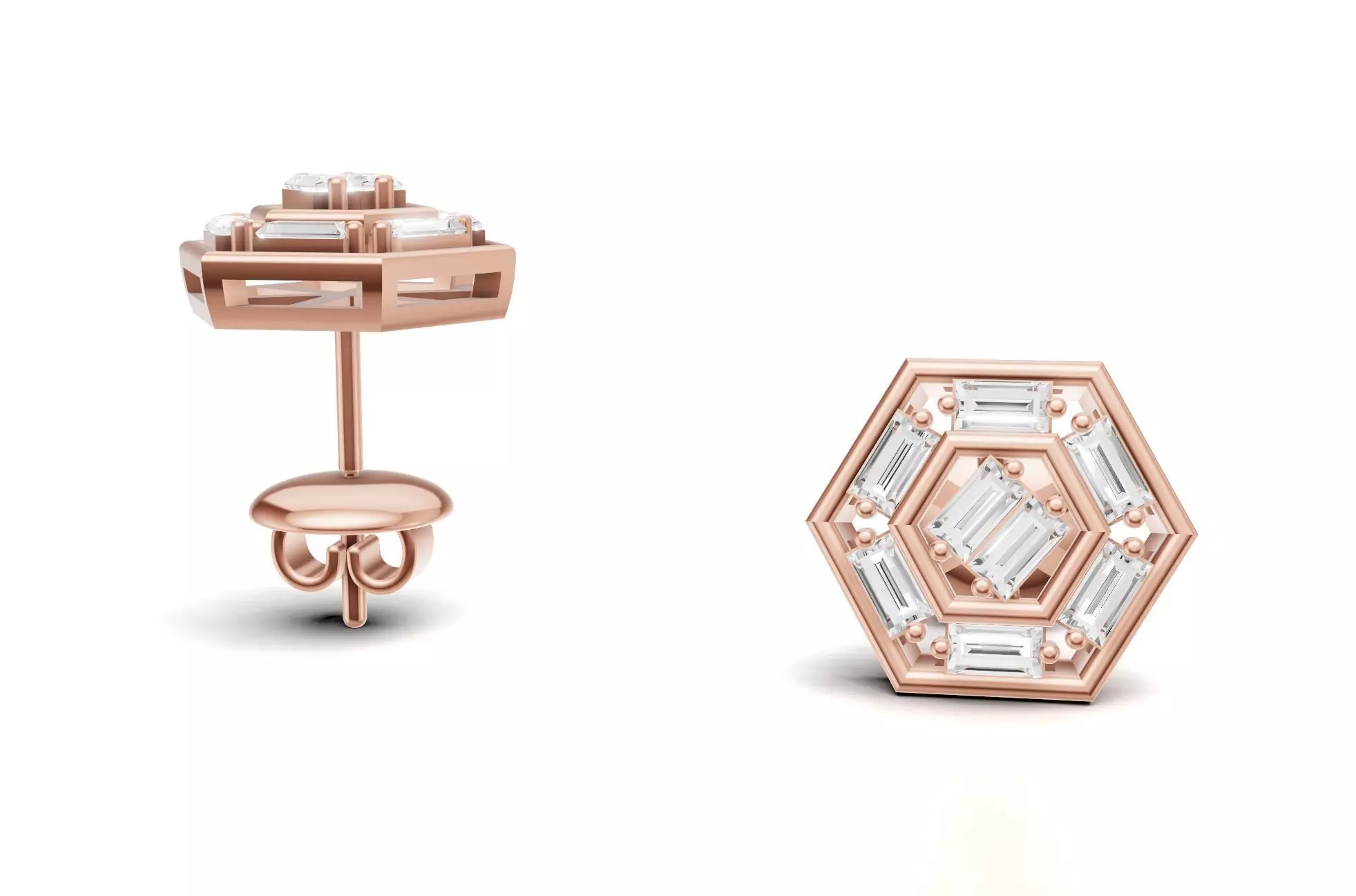 Hexagon Baguette Diamond Stud Earrings With Geometric Style  3D print model_1