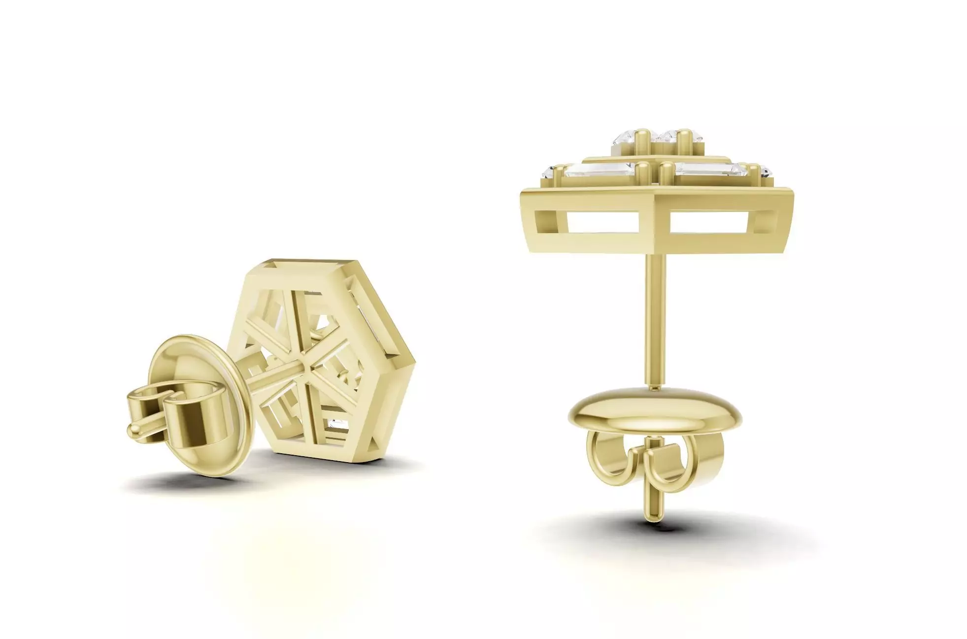 Hexagon Baguette Diamond Stud Earrings With Geometric Style  3D print model_9