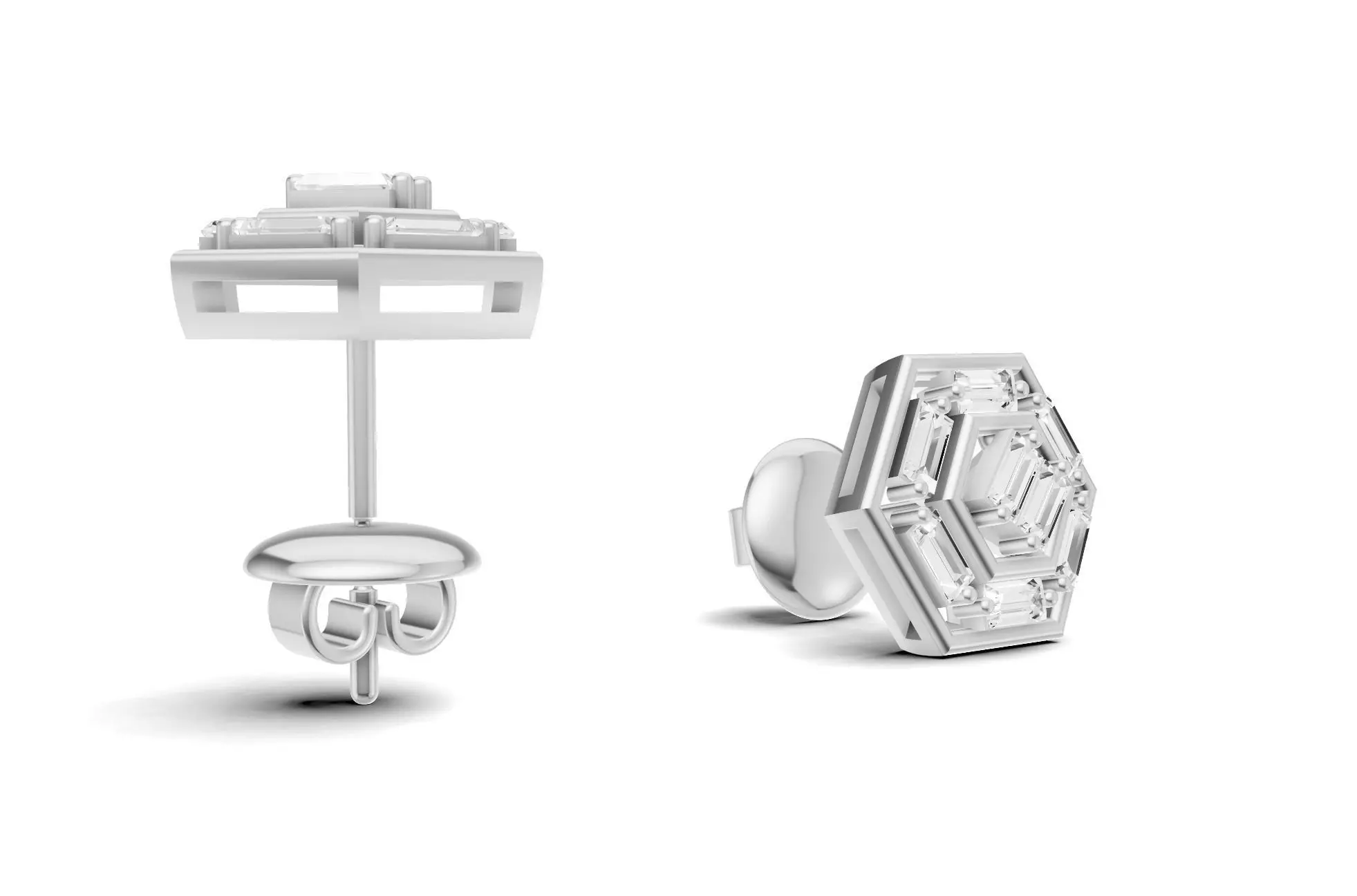 Hexagon Baguette Diamond Stud Earrings With Geometric Style  3D print model_6