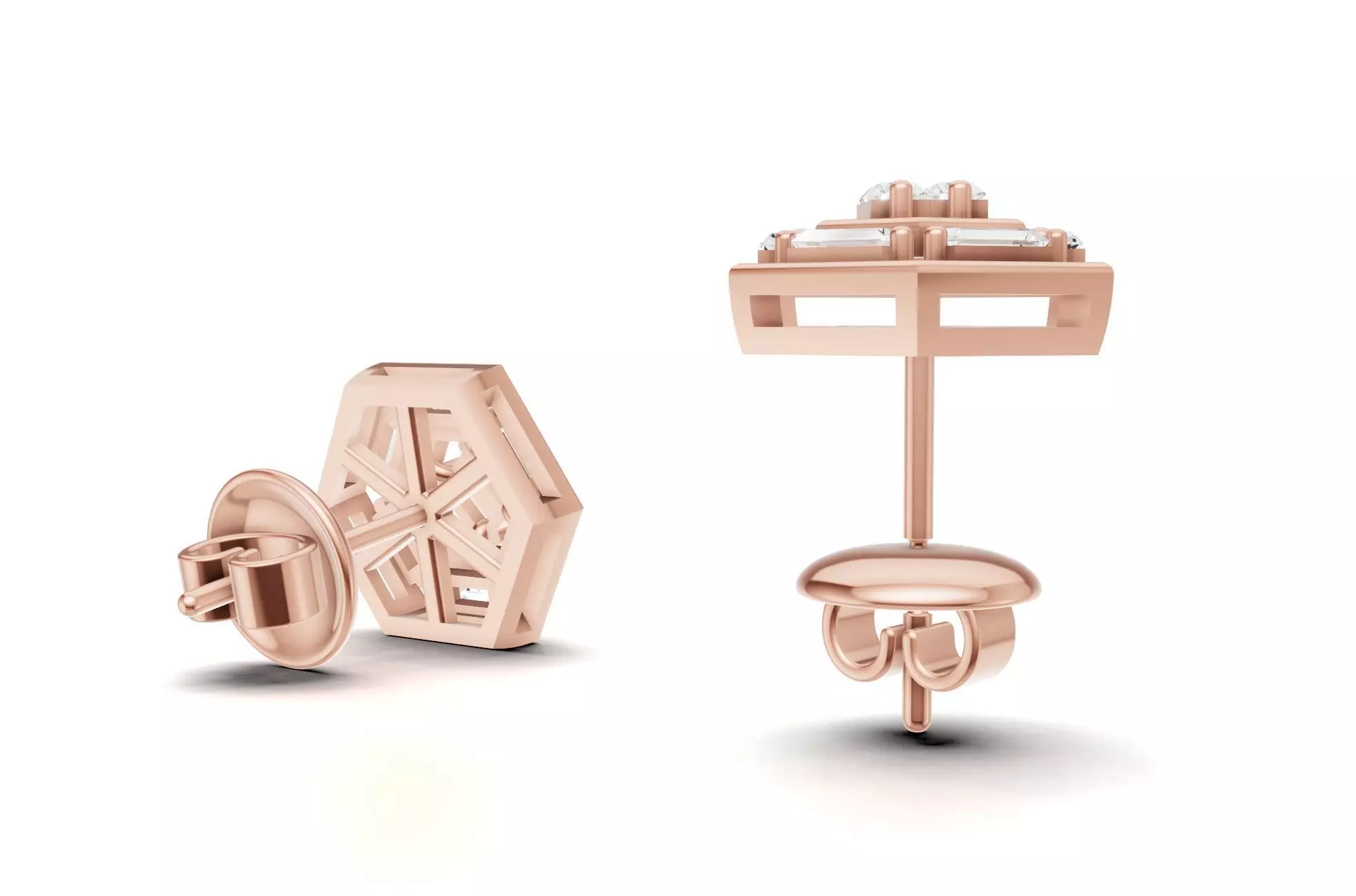 Hexagon Baguette Diamond Stud Earrings With Geometric Style  3D print model_8