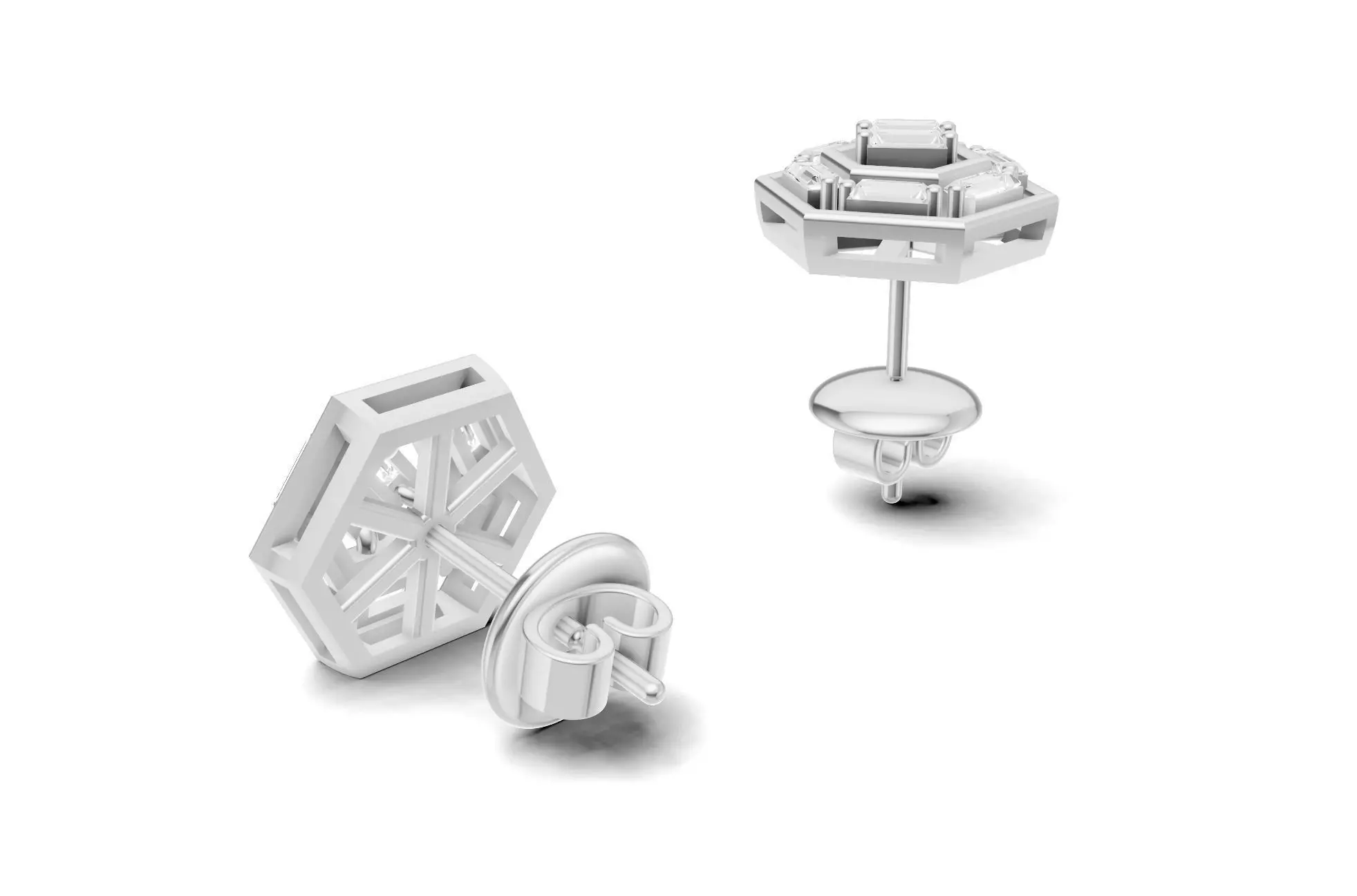 Hexagon Baguette Diamond Stud Earrings With Geometric Style  3D print model_12