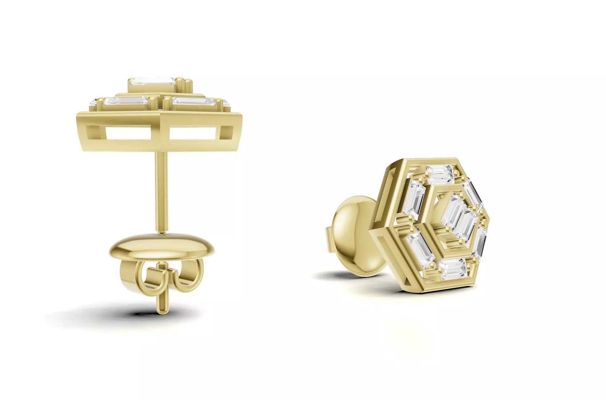 Hexagon Baguette Diamond Stud Earrings With Geometric Style  3D print model_4
