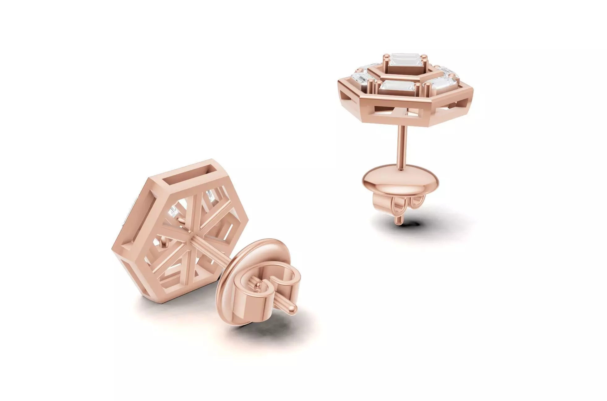 Hexagon Baguette Diamond Stud Earrings With Geometric Style  3D print model_11