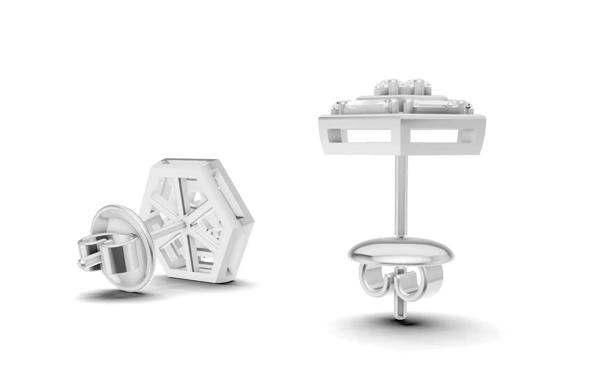 Hexagon Baguette Diamond Stud Earrings With Geometric Style  3D print model_7