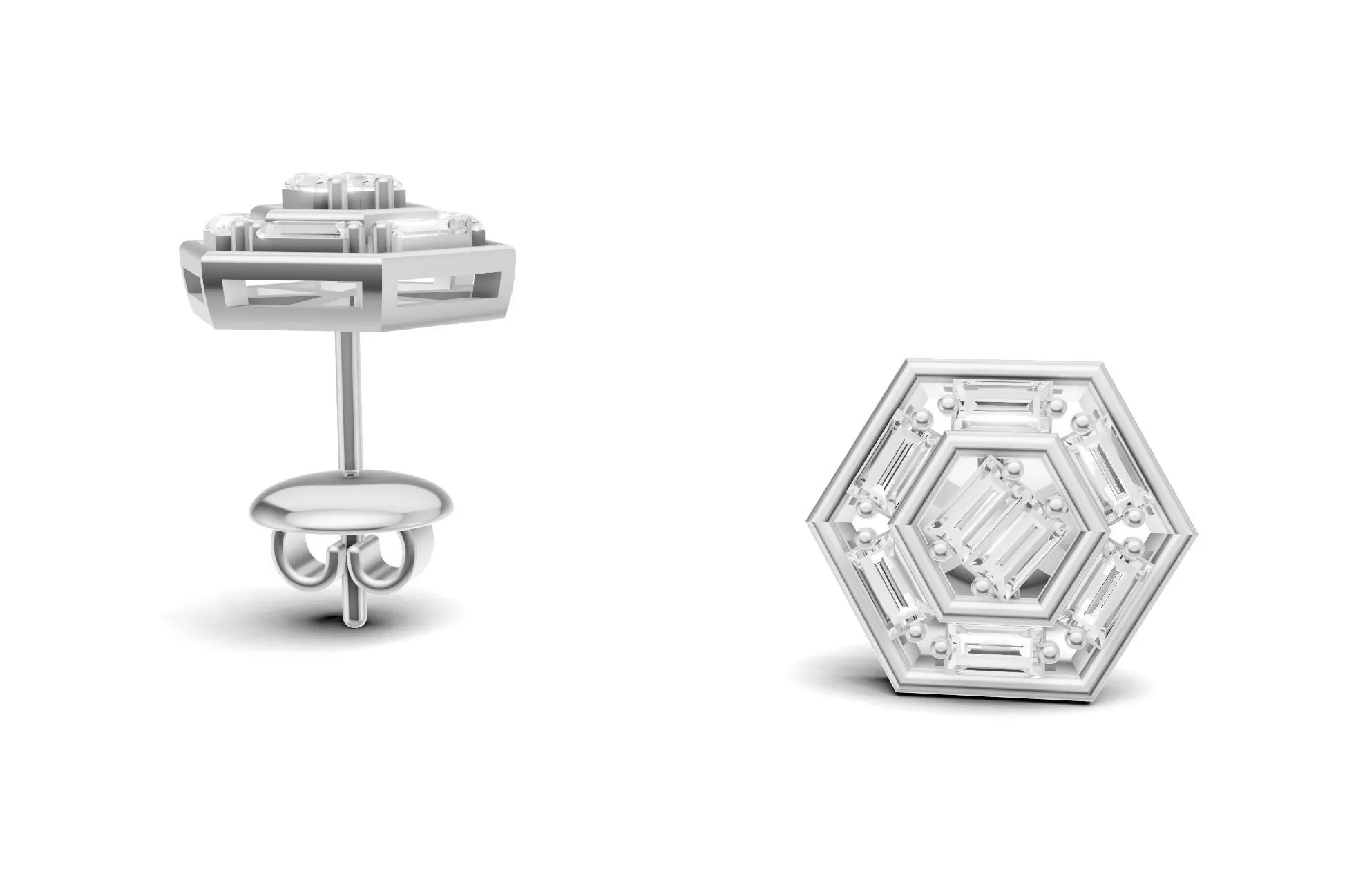 Hexagon Baguette Diamond Stud Earrings With Geometric Style  3D print model_2