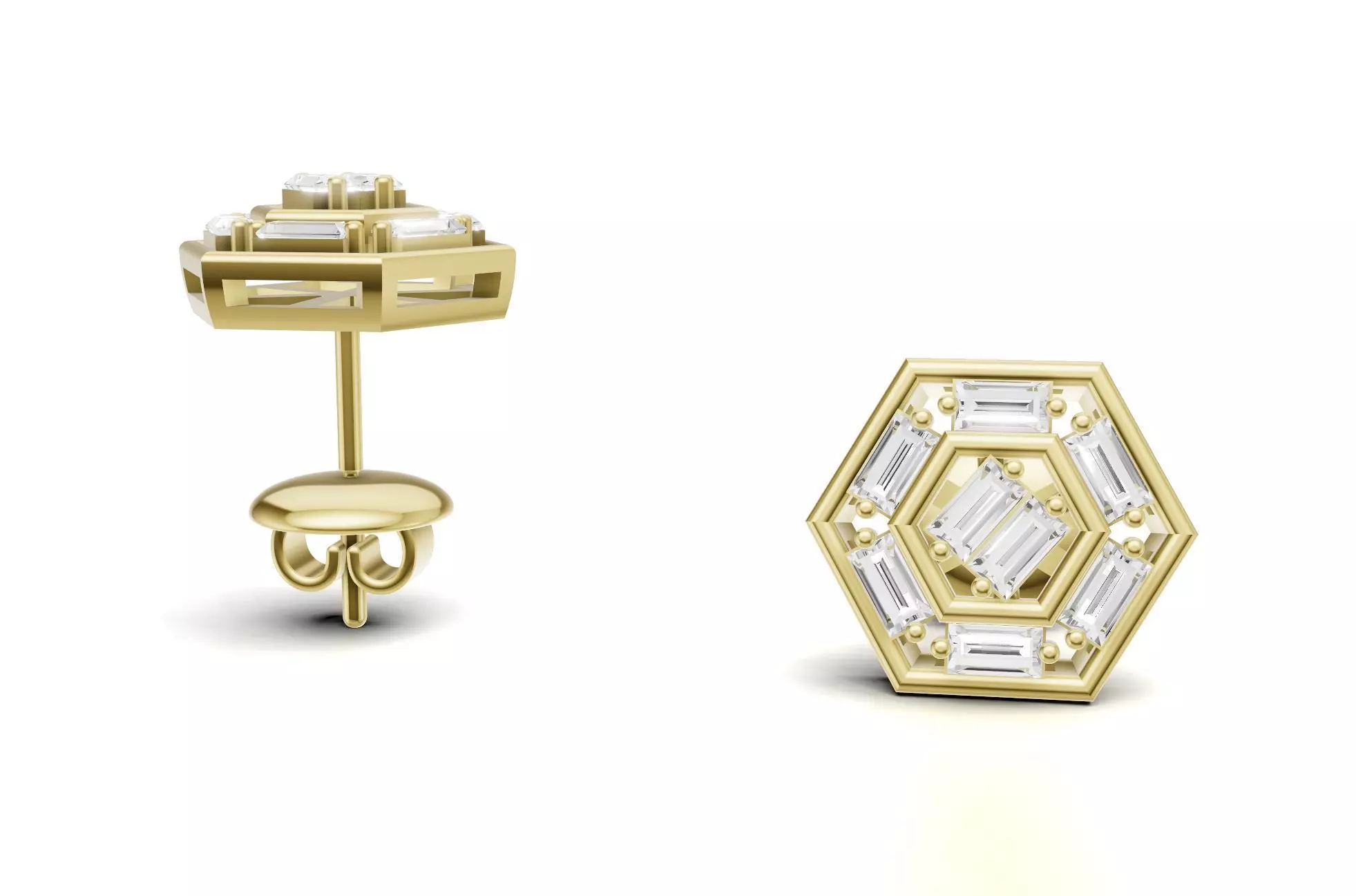 Hexagon Baguette Diamond Stud Earrings With Geometric Style  3D print model_0