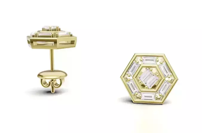 Hexagon Baguette Diamond Stud Earrings With Geometric Style  3D print model