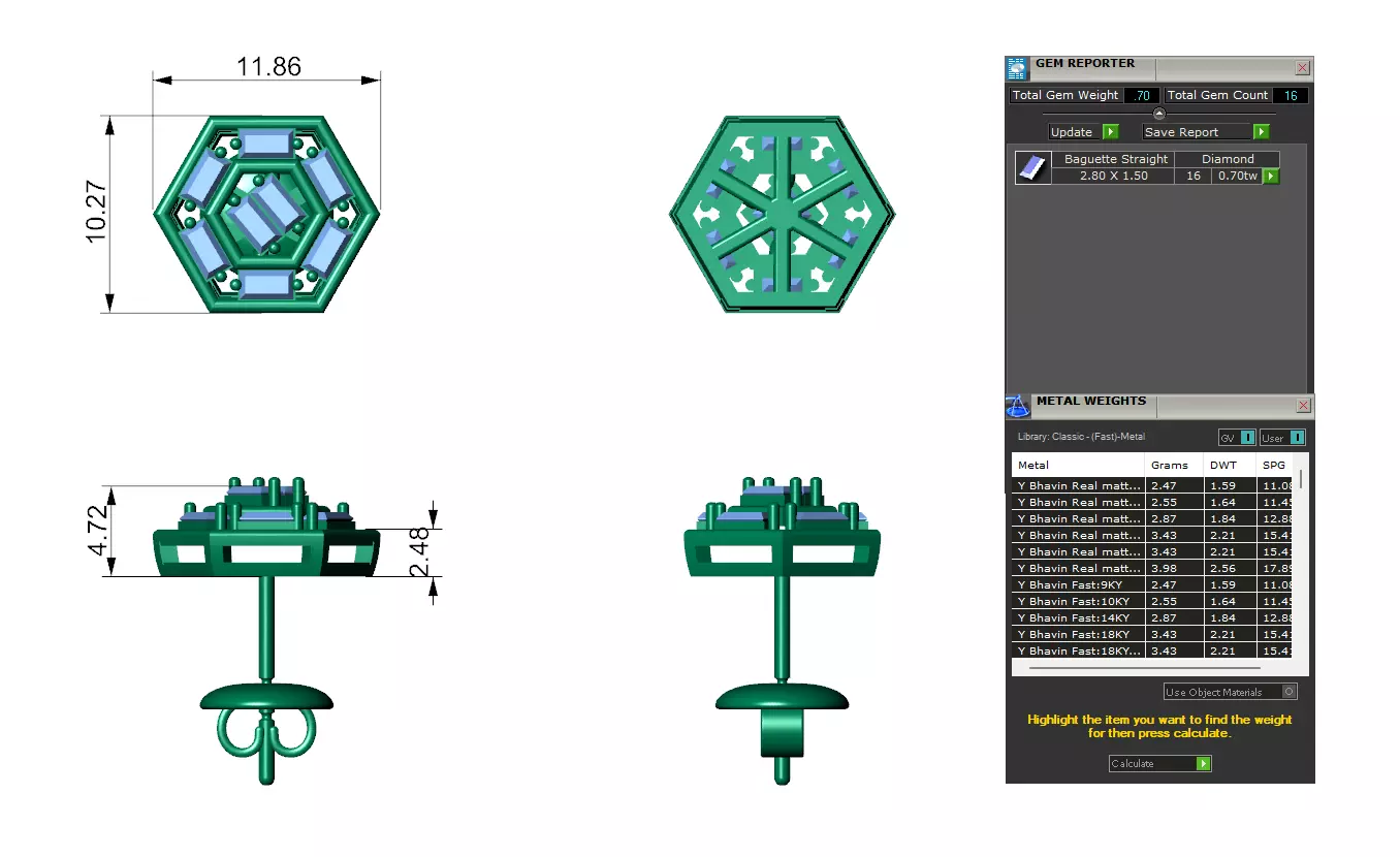 Hexagon Baguette Diamond Stud Earrings With Geometric Style  3D print model_3
