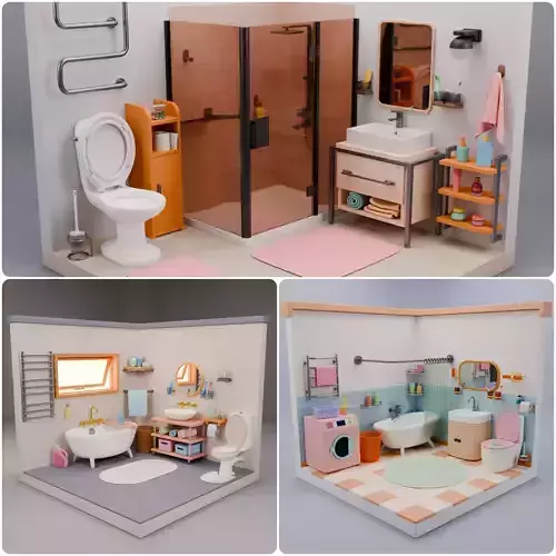 Stylized Bathroom Set  3 Isometric Rooms