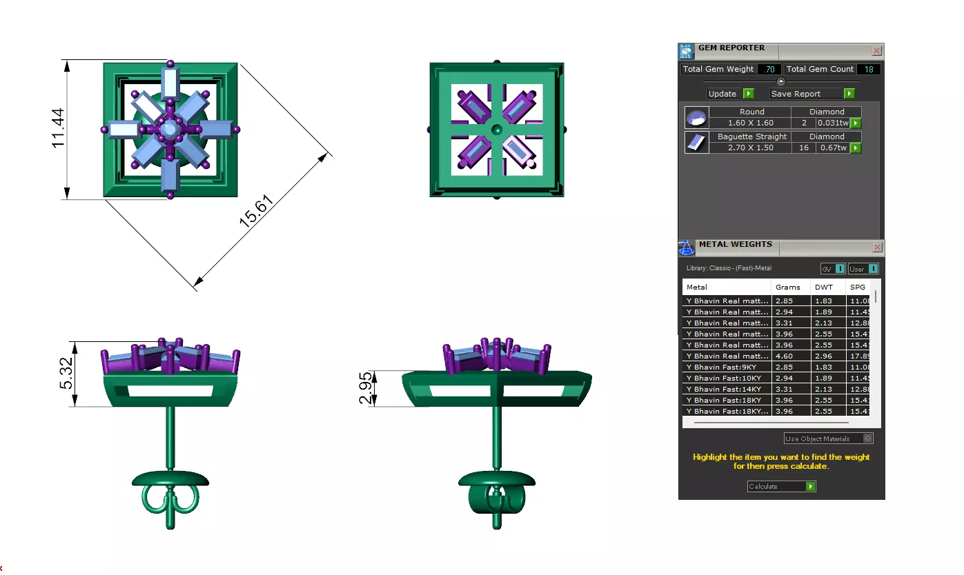 Square Baguette Diamond Stud Earrings 3D print model_3