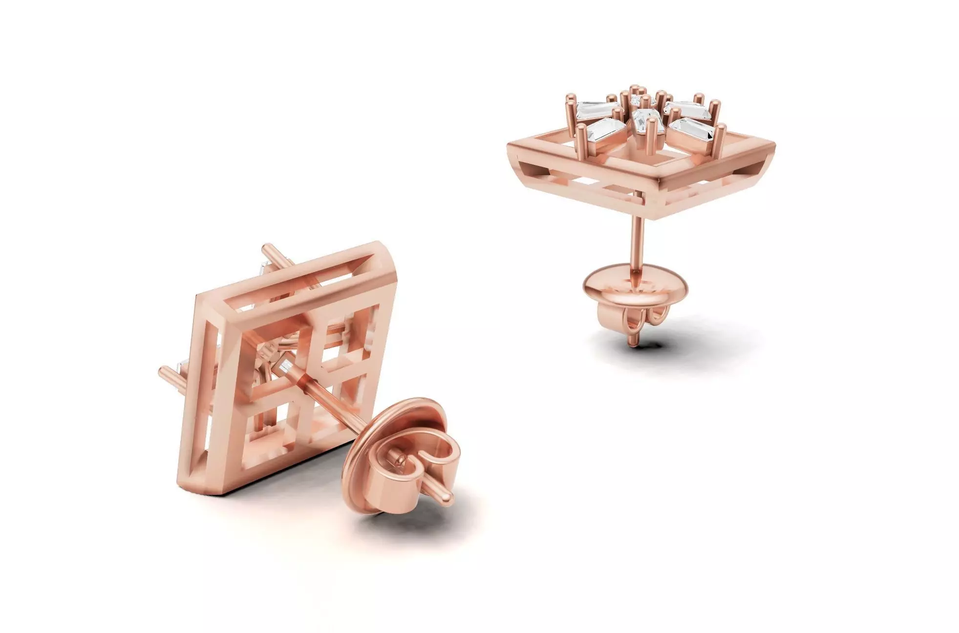 Square Baguette Diamond Stud Earrings 3D print model_8
