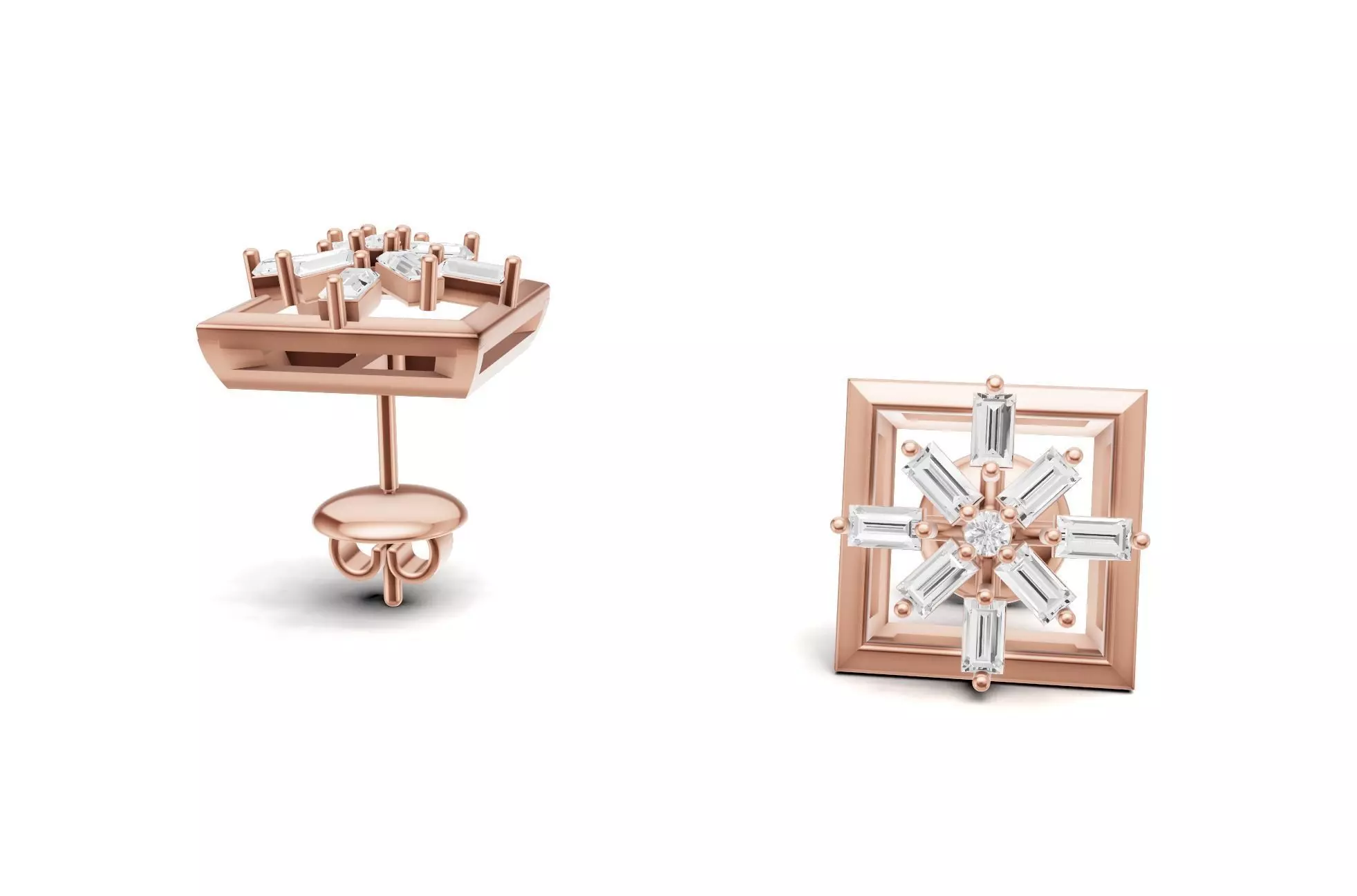 Square Baguette Diamond Stud Earrings 3D print model_1
