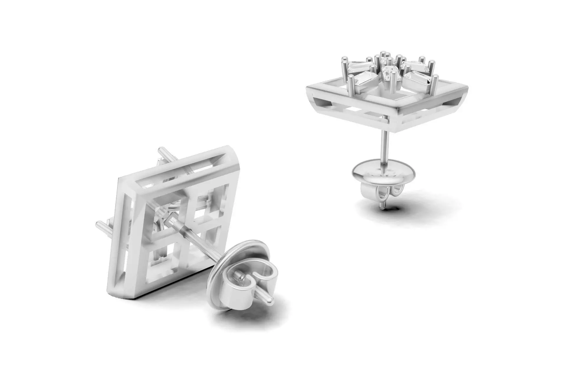 Square Baguette Diamond Stud Earrings 3D print model_7