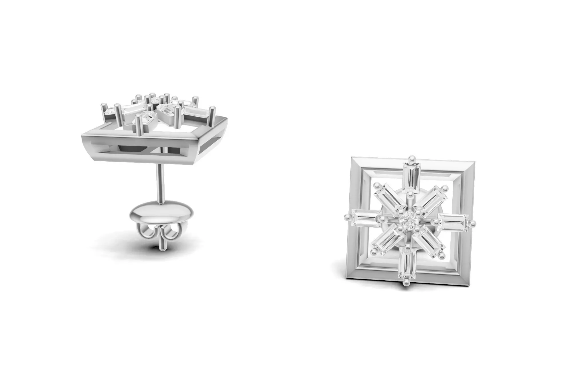 Square Baguette Diamond Stud Earrings 3D print model_2