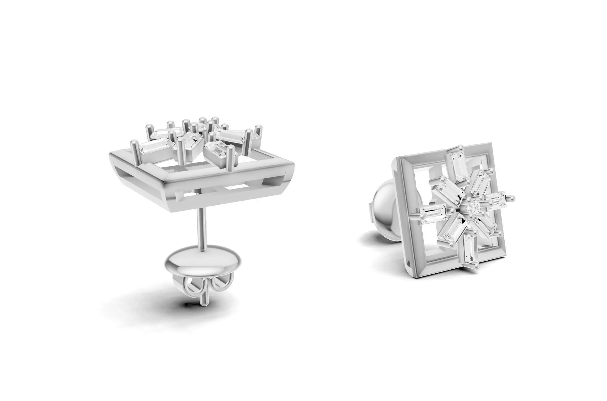 Square Baguette Diamond Stud Earrings 3D print model_4