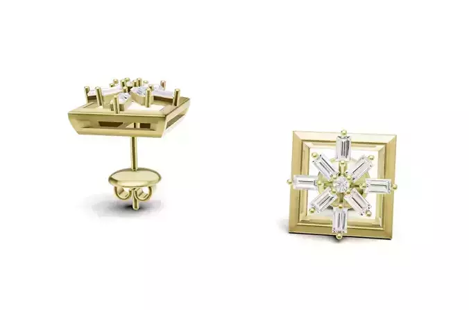 Square Baguette Diamond Stud Earrings 3D print model