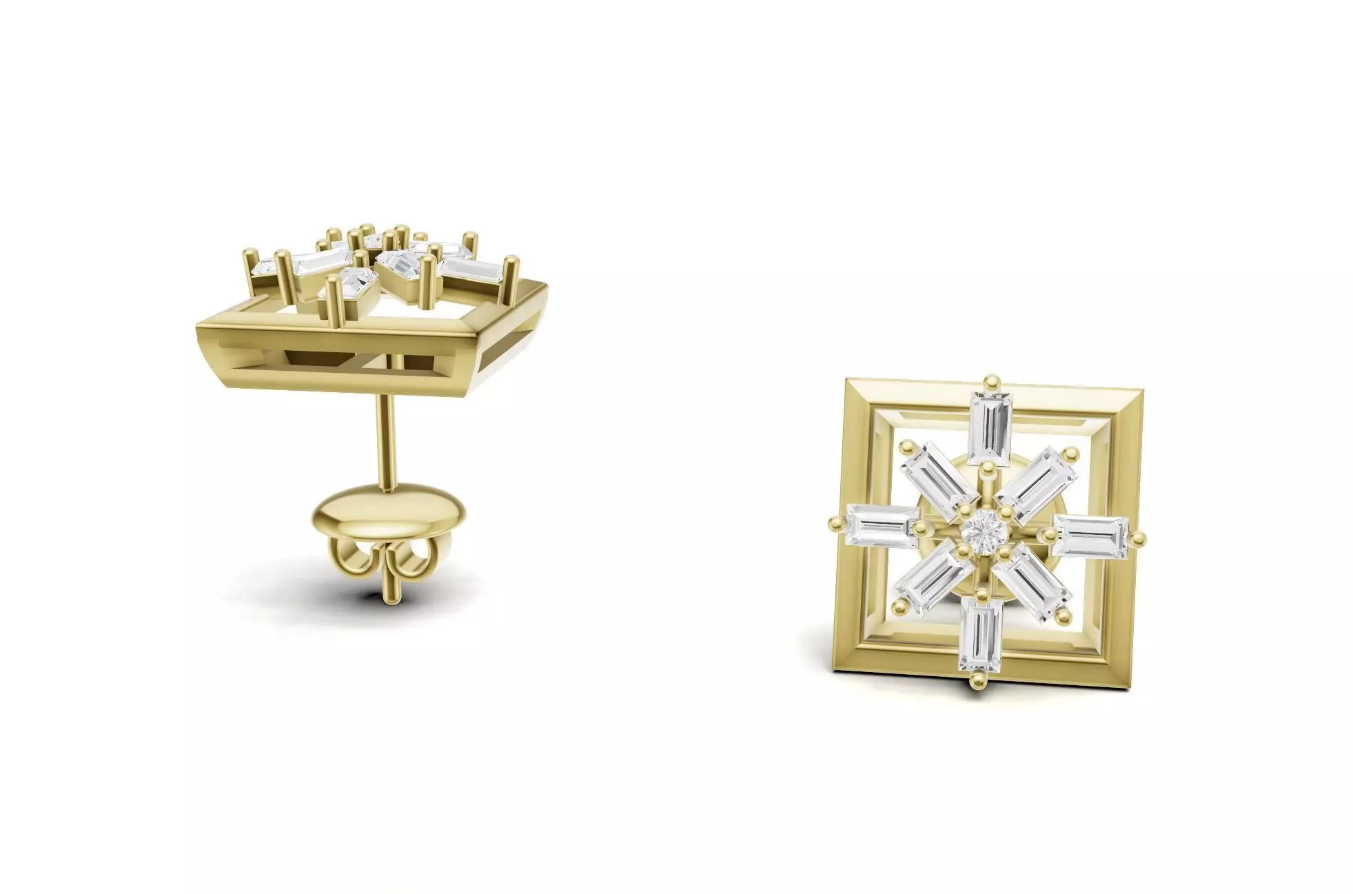 Square Baguette Diamond Stud Earrings 3D print model_0