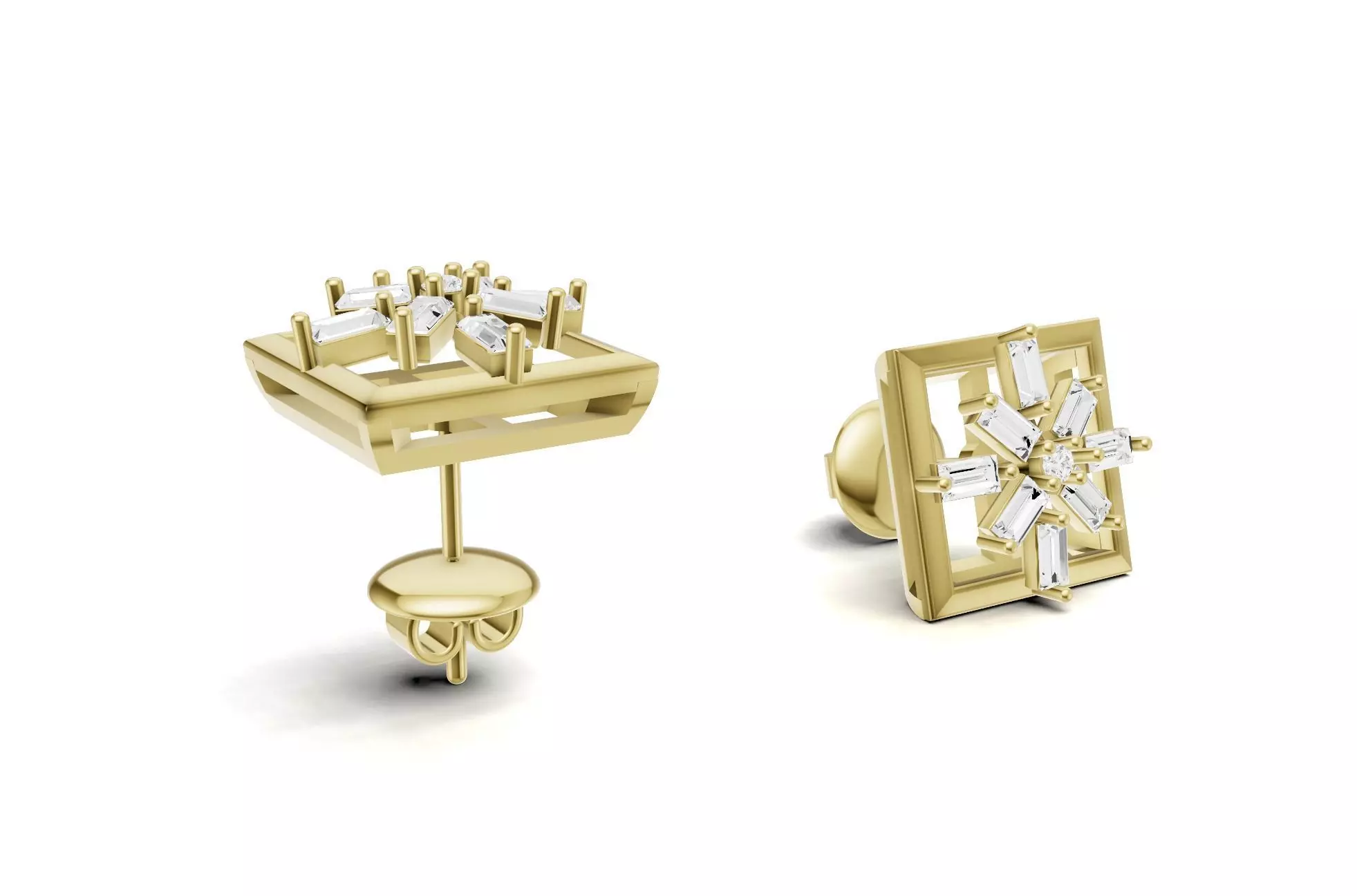 Square Baguette Diamond Stud Earrings 3D print model_6