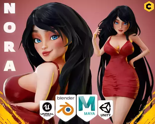 Game Cartoon Hot Girl Character rigged - Nora
