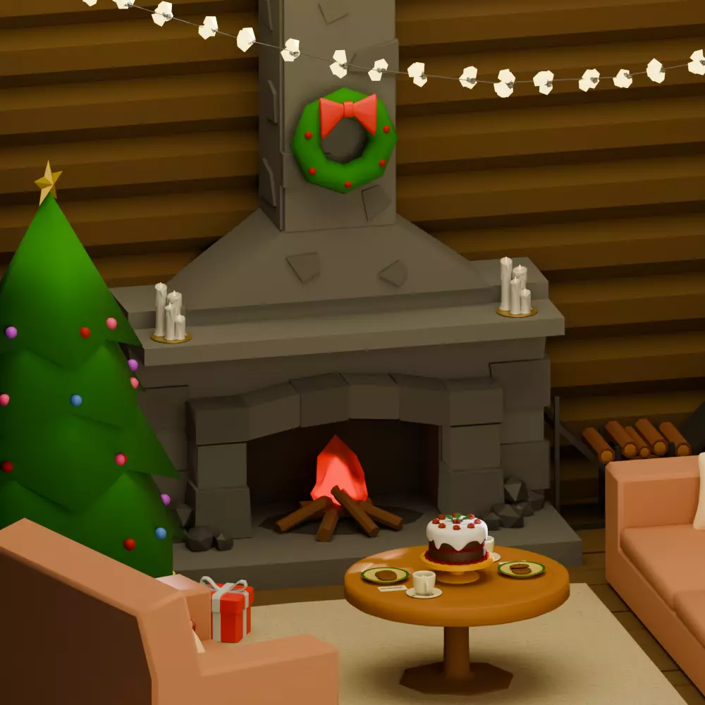 Christmas Fireplace Low-poly 3D model_1