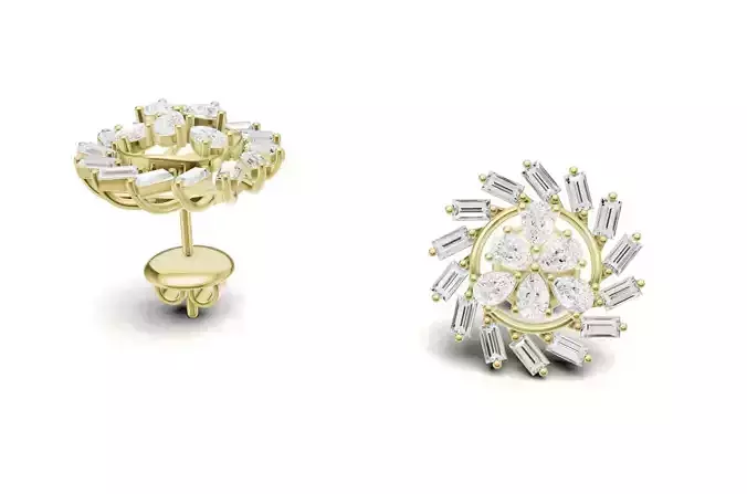 Sunburst Baguette Diamond Stud Earrings With Floral Style 3D print model