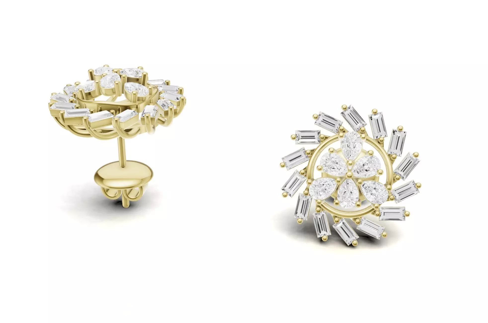 Sunburst Baguette Diamond Stud Earrings With Floral Style 3D print model_0