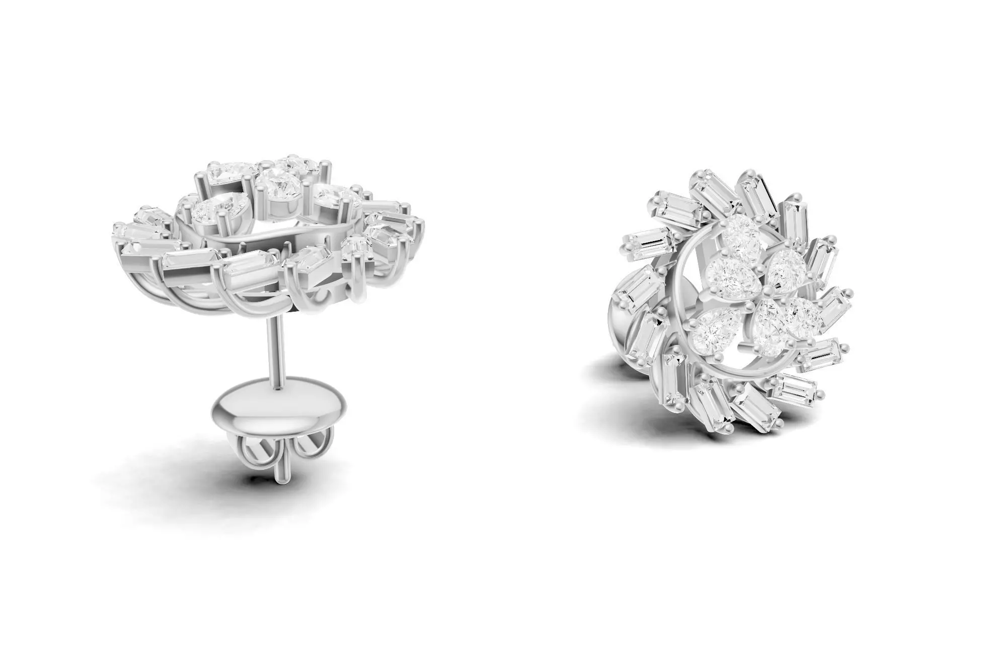 Sunburst Baguette Diamond Stud Earrings With Floral Style 3D print model_4