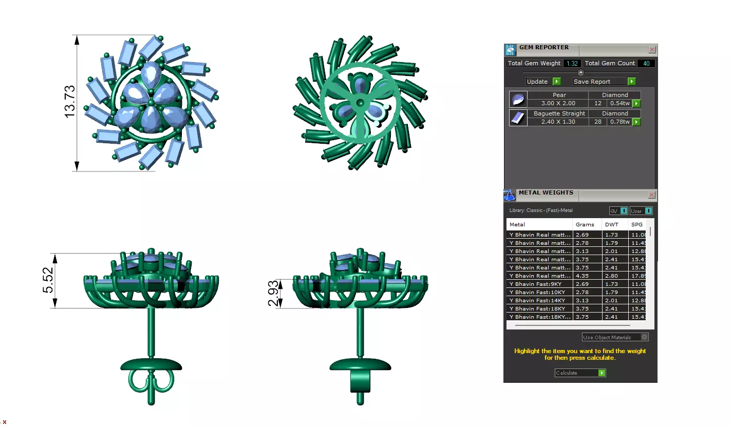 Sunburst Baguette Diamond Stud Earrings With Floral Style 3D print model_3