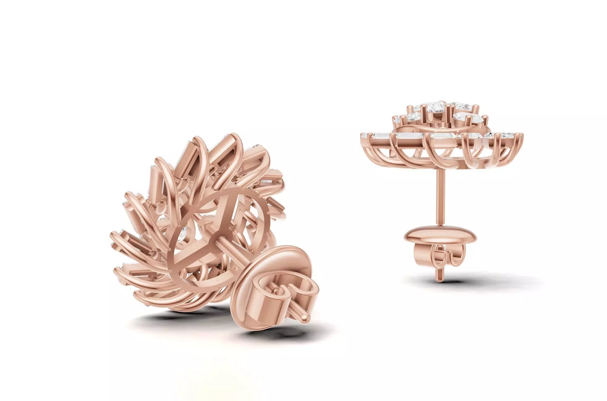 Sunburst Baguette Diamond Stud Earrings With Floral Style 3D print model_10