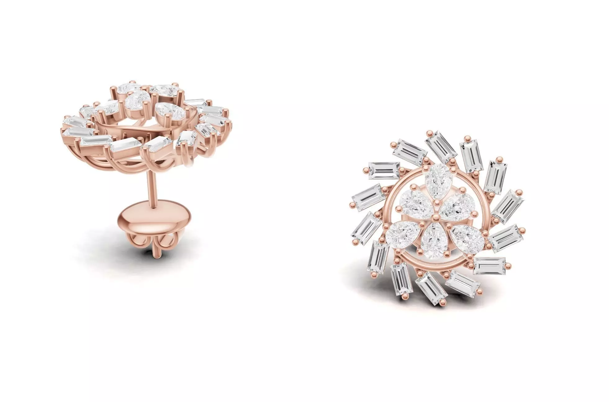 Sunburst Baguette Diamond Stud Earrings With Floral Style 3D print model_1